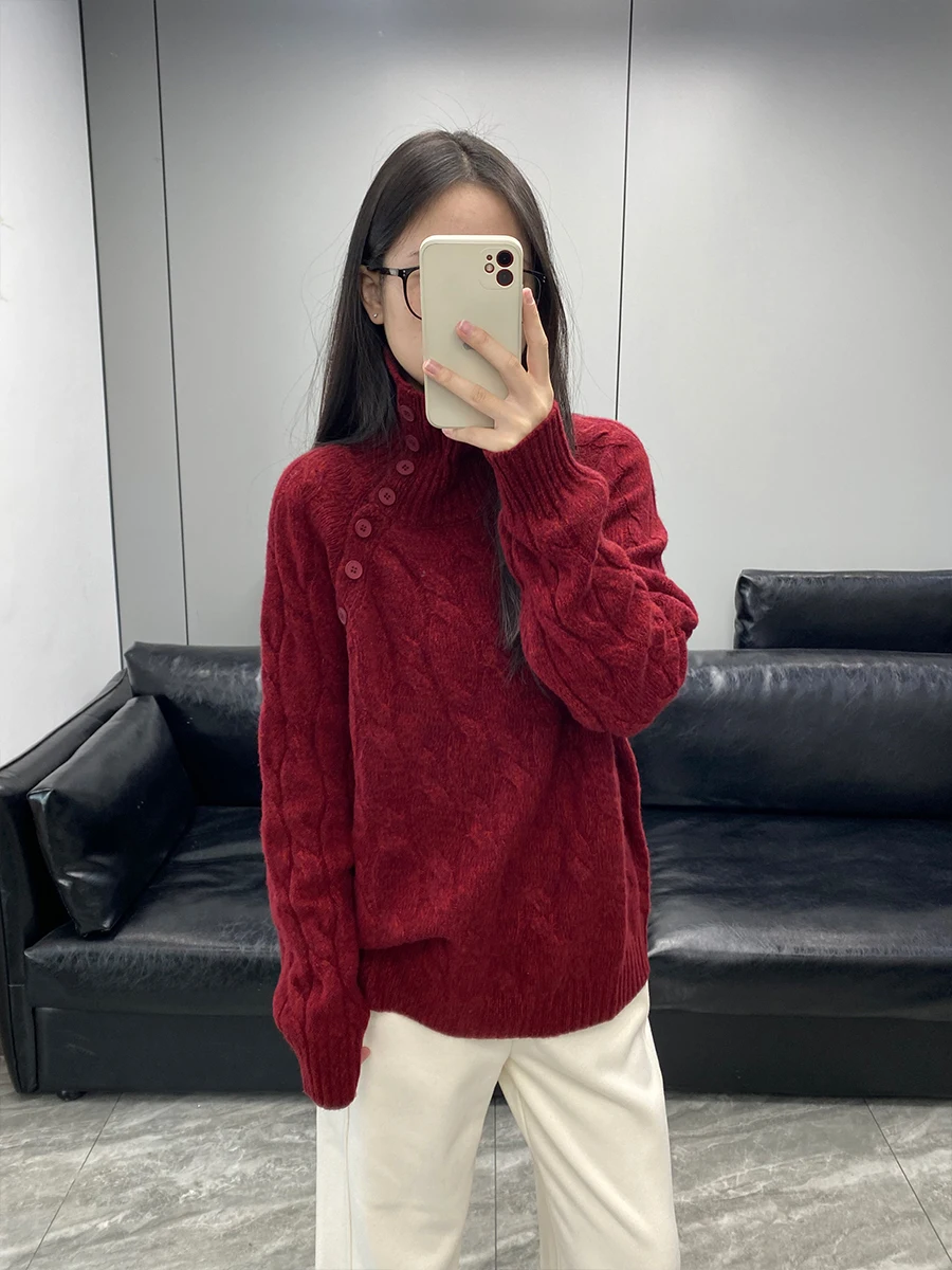 Loose Fit High Ne Button up Wool Knit Sweater Women's Red Asymmetric Opening Lace Pattern Soft Long Sve Warm Top
Loose Fit High Ne Button up Wool Knit Sweater Women's Red Asymmetric Opening Lace Pattern Soft Long Sve Warm Top