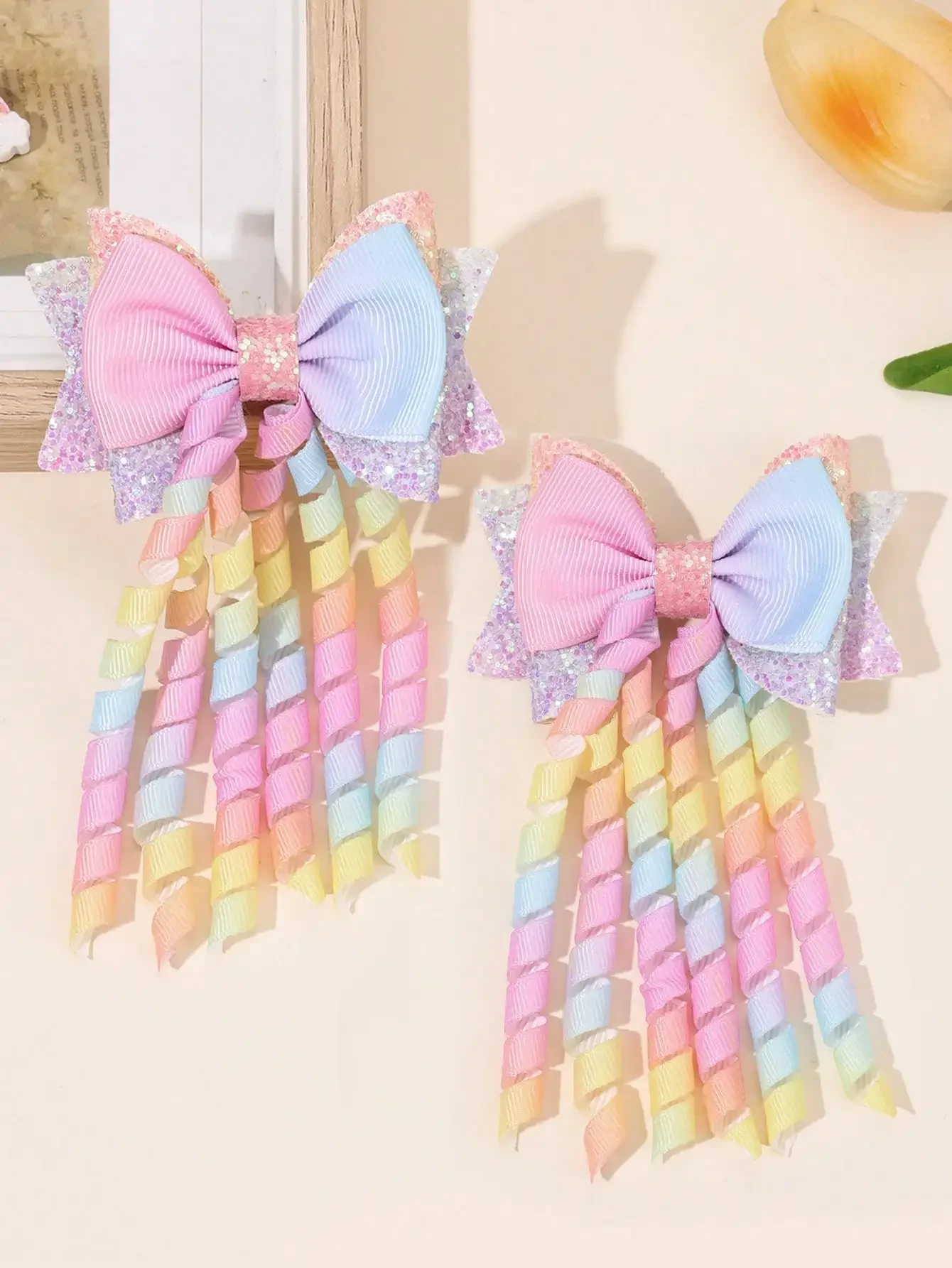 2pcs Rainbow Curly Hair Clips, Suitable For Baby Girls, Ombre Curly Bow Design, Alligator Clips, Delicate Elegant Hair Accessories, Toddler Girls Bow Hair Clips, Random Gradient Children Infant Hair Decorations
2pcs Rainbow Curly Hair Clips, Suitable For Baby Girls, Ombre Curly Bow Design, Alligator Clips, Delicate Elegant Hair Accessories, Toddler Girls Bow Hair Clips, Random Gradient Children Infant Hair Decorations