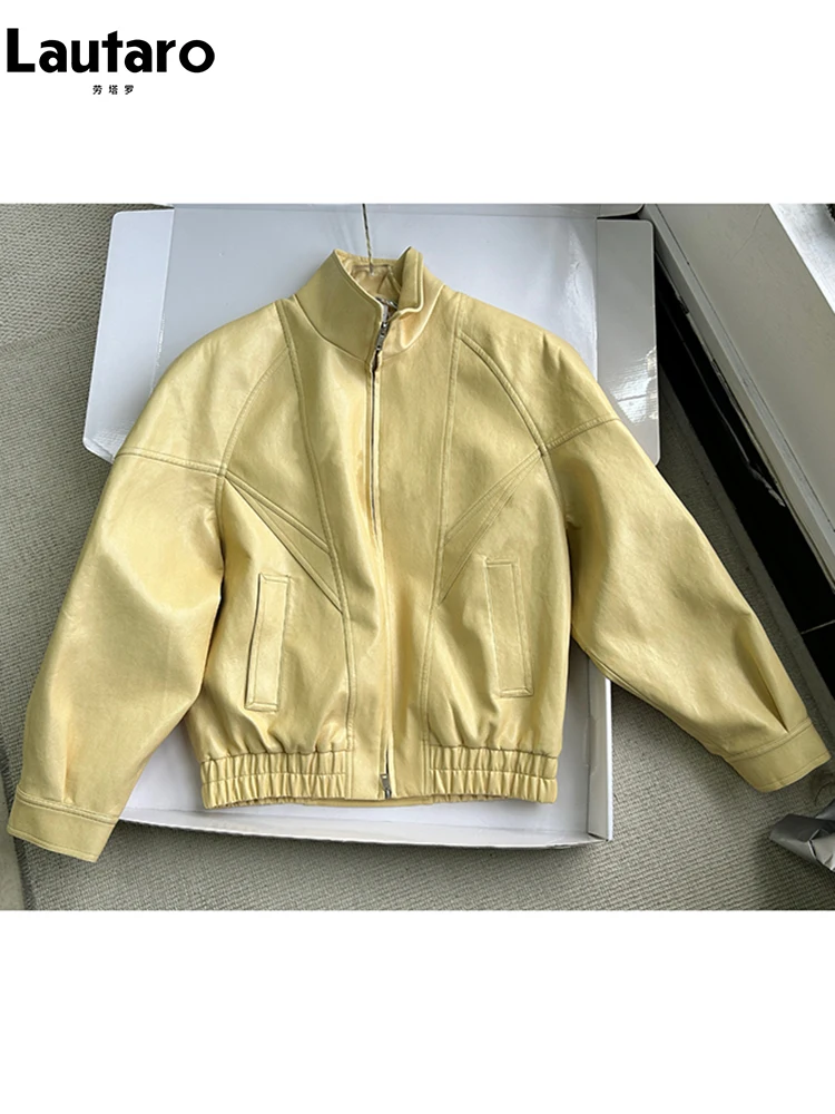 Lautaro Spring Autumn Yellow Pu Leather Jacket Women Zipper Long Sleeve Looe Casual Luxury Designer American Retro Clothes 2026
Lautaro Spring Autumn Yellow Pu Leather Jacket Women Zipper Long Sleeve Looe Casual Luxury Designer American Retro Clothes 2026