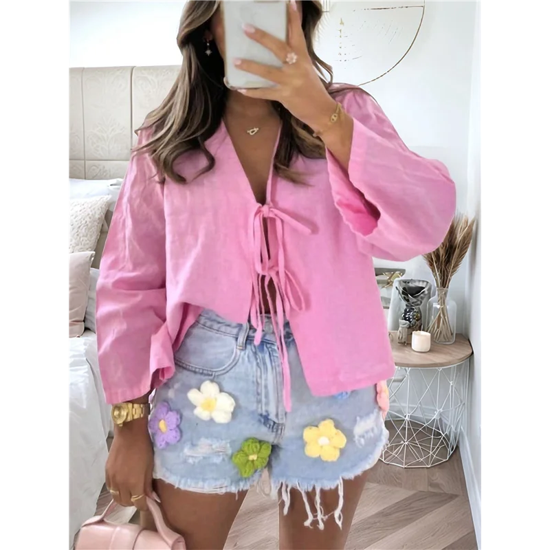 NEW-Tie Front Tops For Women Y2K Cotton Shirts Flare Sleeve V Neck Clothes Casual Lace Up Bow- Blouses
NEW-Tie Front Tops For Women Y2K Cotton Shirts Flare Sleeve V Neck Clothes Casual Lace Up Bow- Blouses