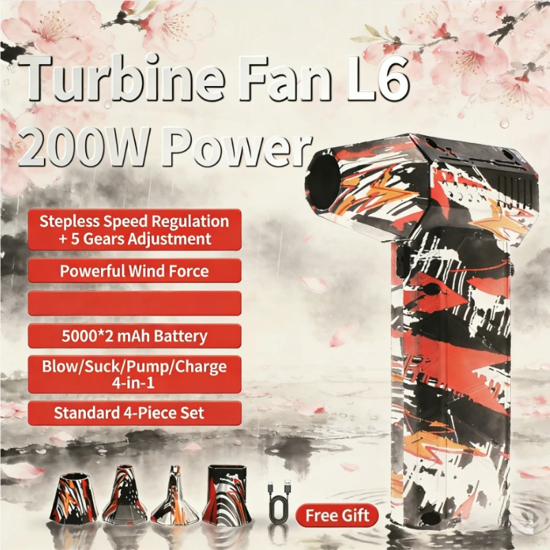 Многофункциональное устройство турбинного вентилятора L6 мощностью 200 Вт: функции 4-в-1, источник питания с двумя батареями + комплект аксессуаров из 4 предметов
Многофункциональное устройство турбинного вентилятора L6 мощностью 200 Вт: функции 4-в-1, источник питания с двумя батареями + комплект аксессуаров из 4 предметов