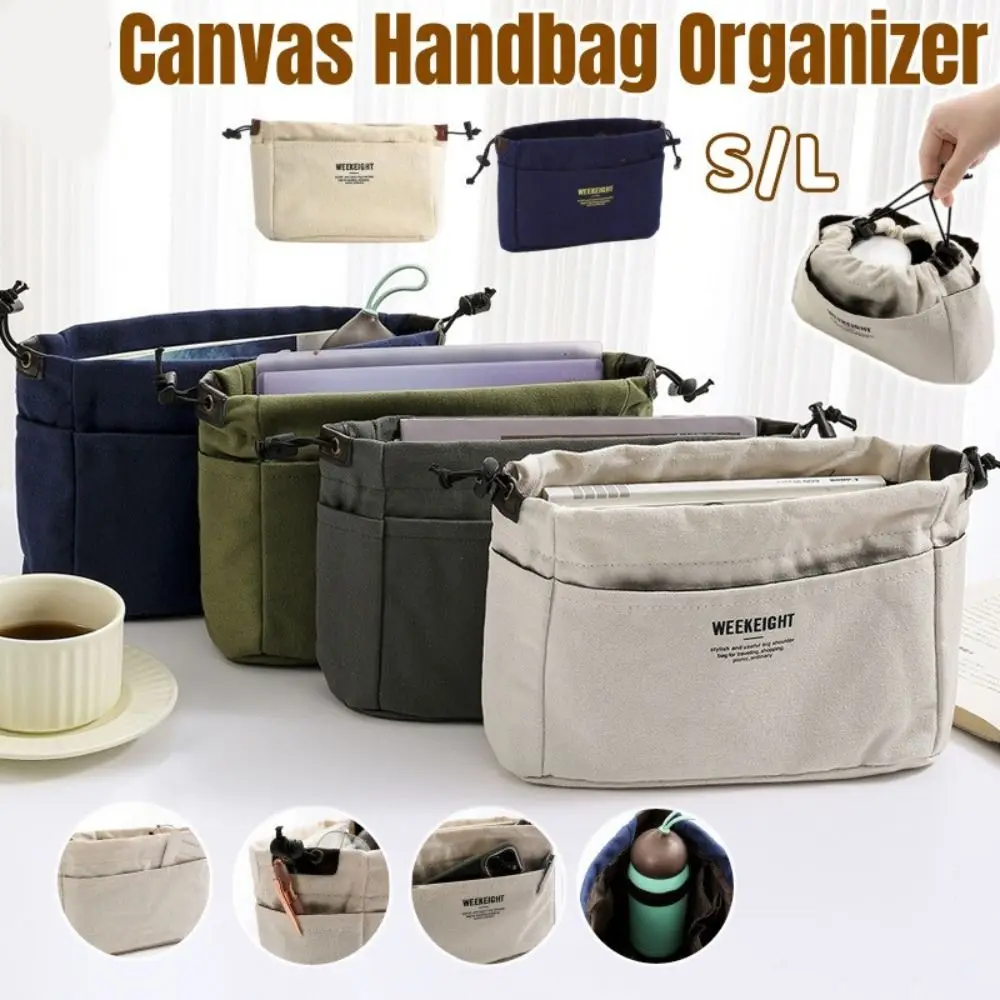 Canvas Sundry Storage Bag Multifunctional Toiletry Container Drawstring Cosmetic Bag Multi-Pocket Storage Pouch Handbag Insert