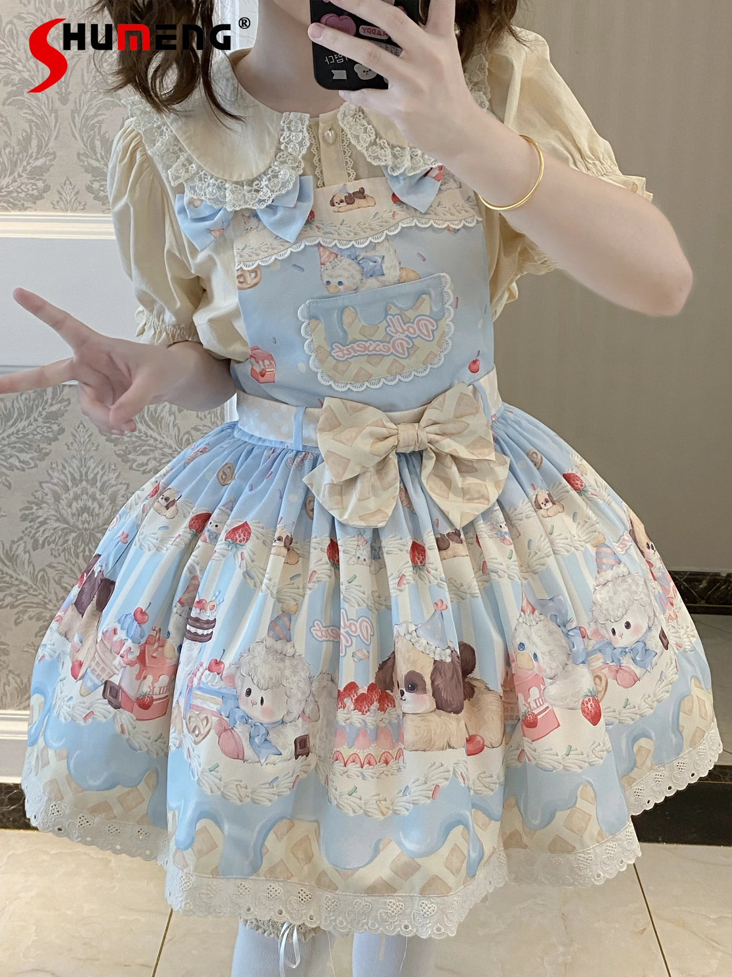 Japanese Sweet Cute Cartoon Print Lolita JSK Dresses Embroidered Lace High Waist Bow Belt Slim Short Kawaii Dress Women Summer 
Japanese Sweet Cute Cartoon Print Lolita JSK Dresses Embroidered Lace High Waist Bow Belt Slim Short Kawaii Dress Women Summer