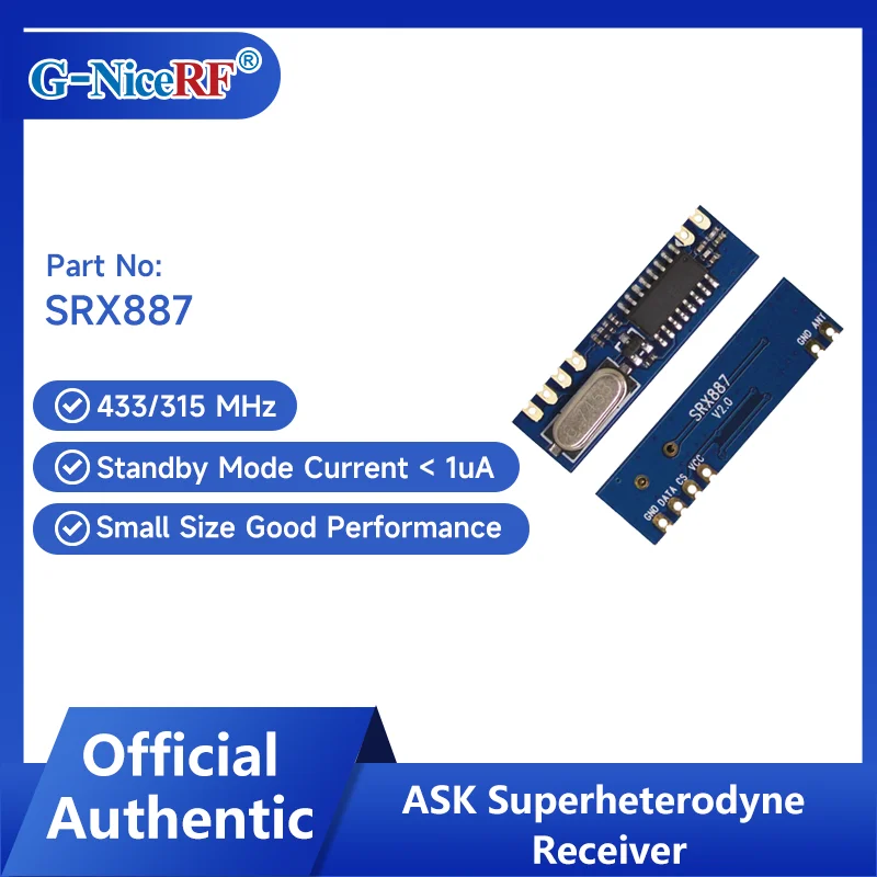 G-NiceRF | 10 PCS/Lot SRX887 315/433MHz Superheterodyne ASK Receiver Module
G-NiceRF | 10 PCS/Lot SRX887 315/433MHz Superheterodyne ASK Receiver Module