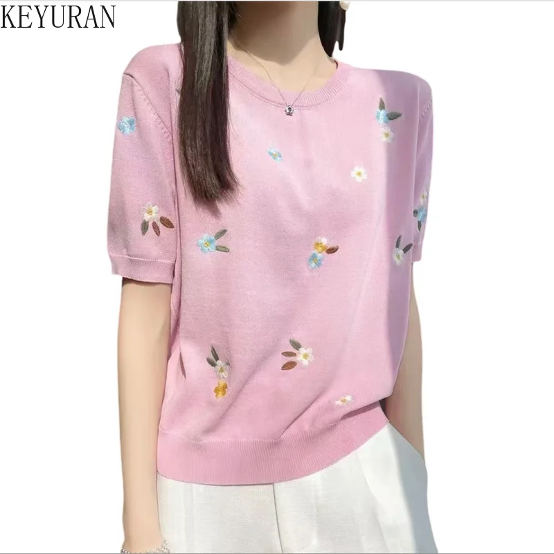 Summer Thin Ice Silk Knitted Short Sleeved Sweater T-shirt Women's Fashion Flower Embroidery Loose Round Neck Knitwear Tops Tees
Summer Thin Ice Silk Knitted Short Sleeved Sweater T-shirt Women's Fashion Flower Embroidery Loose Round Neck Knitwear Tops Tees