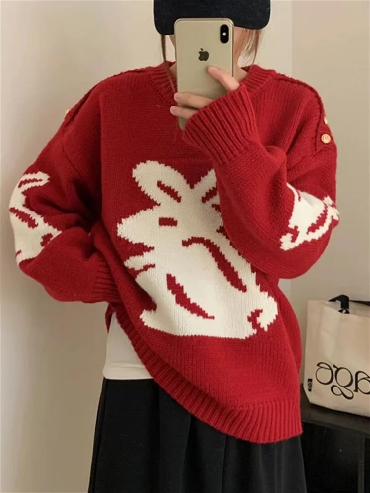 Hsa Cartoon rabbit Y2k Harajuku kawaii retro cute O neck pullover sweater pattern knitted warm loose oversized new Year Sweater
Hsa Cartoon rabbit Y2k Harajuku kawaii retro cute O neck pullover sweater pattern knitted warm loose oversized new Year Sweater