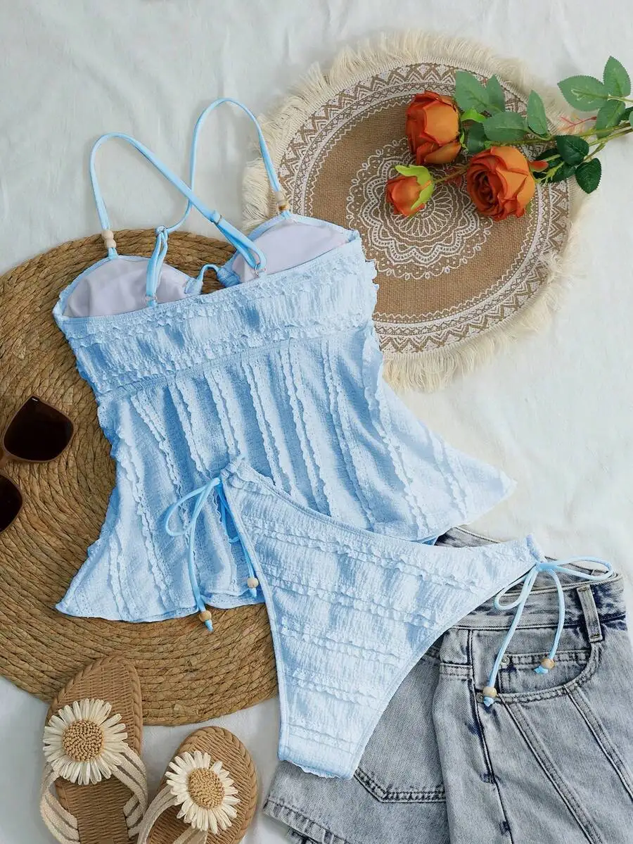 Womens Light Blue Textured Ruched Camisole Bikini Set With Beaded Straps For Beach Vacation
Womens Light Blue Textured Ruched Camisole Bikini Set With Beaded Straps For Beach Vacation