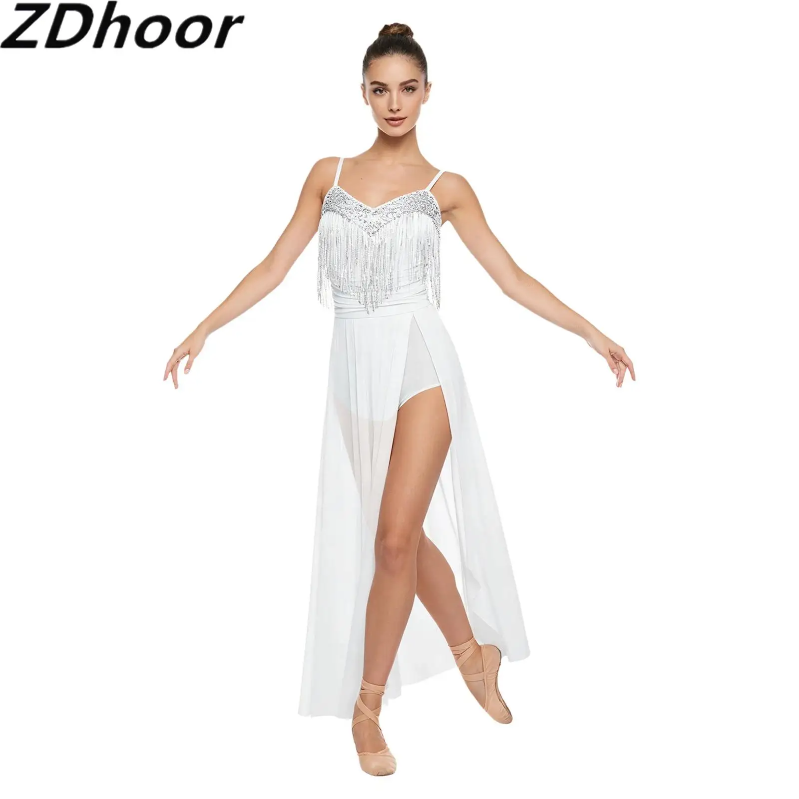 Women Lyrical Dance Sling Dress with Built-in Briefs Sequin Tassels Ruched Overlay Side Split Sheer Mesh Skirt Bodysuit Dress
Women Lyrical Dance Sling Dress with Built-in Briefs Sequin Tassels Ruched Overlay Side Split Sheer Mesh Skirt Bodysuit Dress