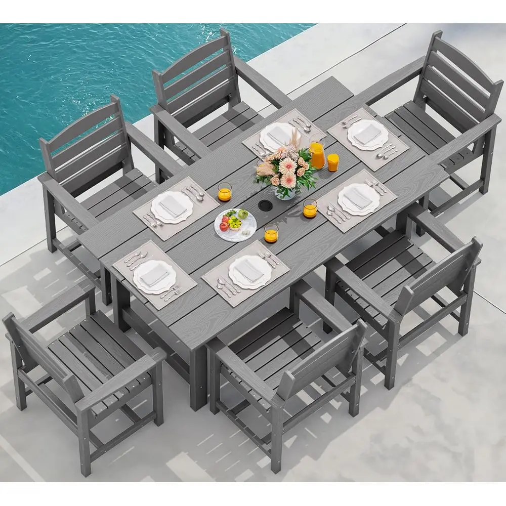 7-Piece Gray HDPE Outdoor Dining Set with Umbrella Hole and 6 Chairs
7-Piece Gray HDPE Outdoor Dining Set with Umbrella Hole and 6 Chairs