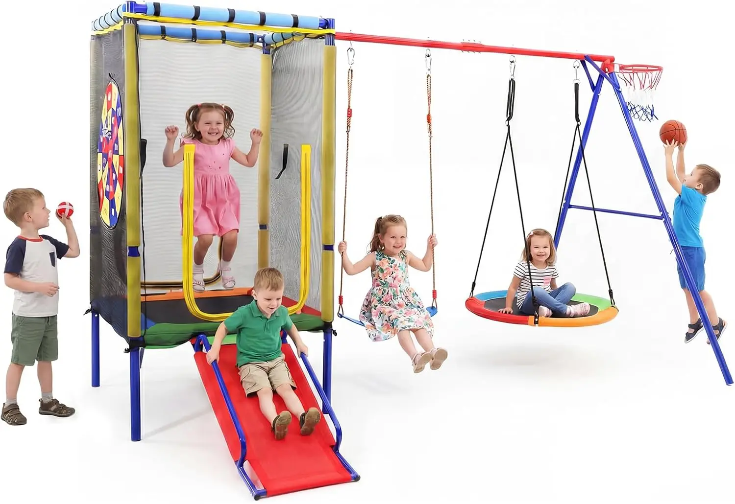 Swing Sets for Backyard, 6 in 1 Outdoor 440LBS Heavy Duty A-Frame Metal Stand with Trampoline, Slide, Saucer Swing, Belt
Swing Sets for Backyard, 6 in 1 Outdoor 440LBS Heavy Duty A-Frame Metal Stand with Trampoline, Slide, Saucer Swing, Belt
