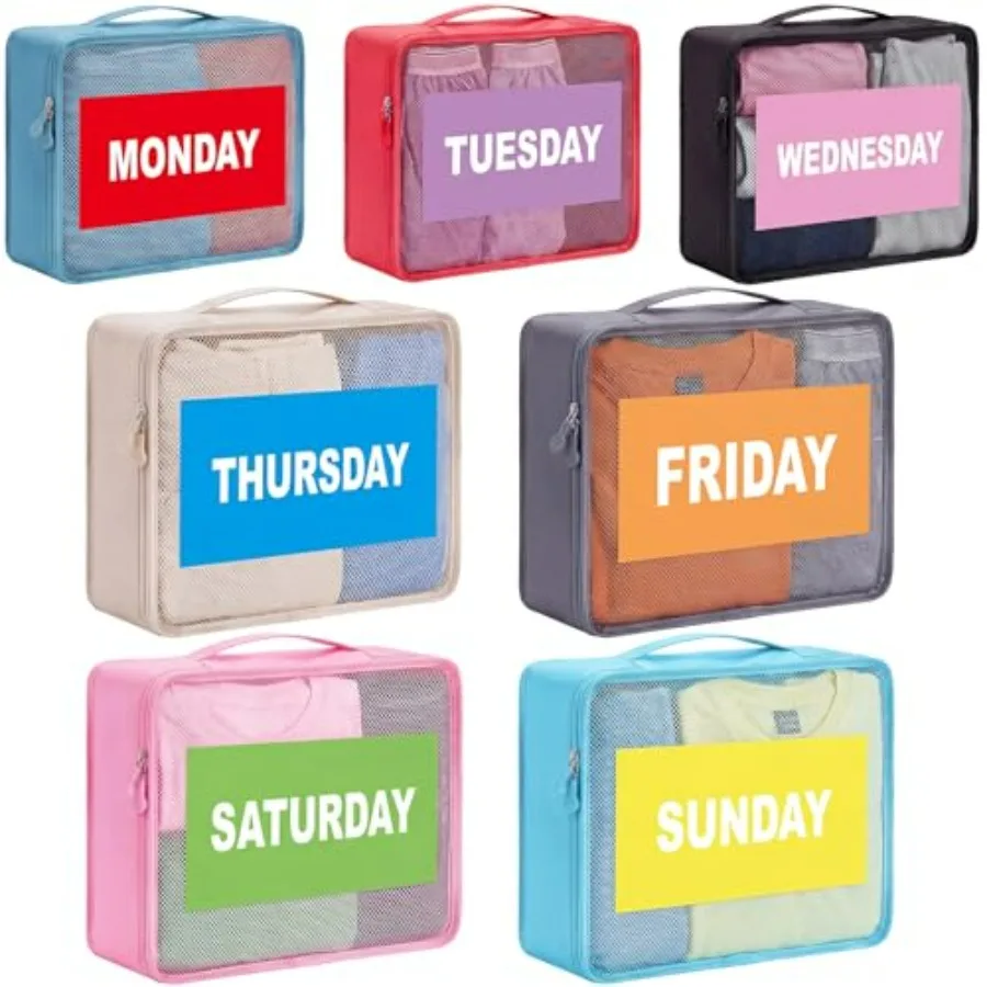 7 Pcs Packing Cubes for Travel Days of Week Packing Cubes with Labels Zippered Camping Bag for Summer Camp Essentials
7 Pcs Packing Cubes for Travel Days of Week Packing Cubes with Labels Zippered Camping Bag for Summer Camp Essentials