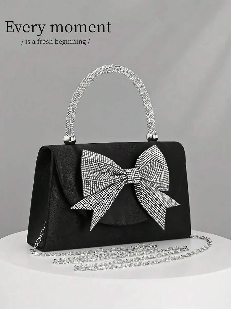 Elegant Black Satin Evening Clutch With Crystal Bowknot And Chain Strap For Wedding Party Banquet Formal Events
Elegant Black Satin Evening Clutch With Crystal Bowknot And Chain Strap For Wedding Party Banquet Formal Events
