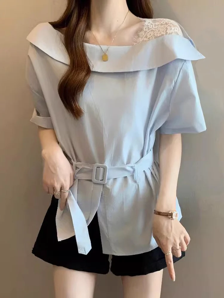 Light Blue Lace Trim Short Sleeve Women's Shirt Korean Style Loose Fit Commute Fashion Belted Waist Slimming Top
Light Blue Lace Trim Short Sleeve Women's Shirt Korean Style Loose Fit Commute Fashion Belted Waist Slimming Top