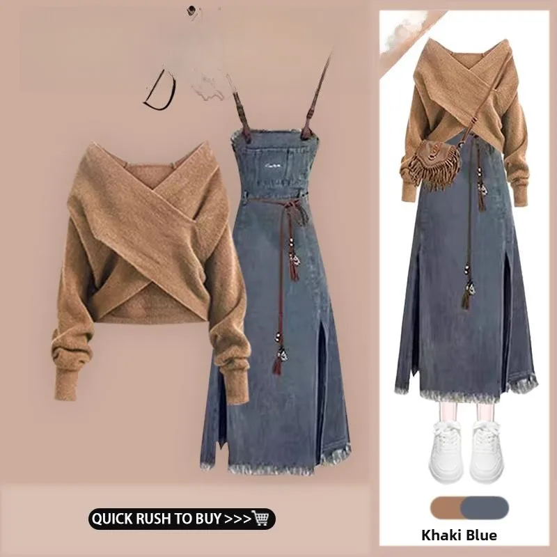 Fashionable 2026 Knitted One-Shoulder Hanging Neck Design with Vintage Waist-Cinching Strap And Denim Skirt Two-Piece Set
Fashionable 2026 Knitted One-Shoulder Hanging Neck Design with Vintage Waist-Cinching Strap And Denim Skirt Two-Piece Set