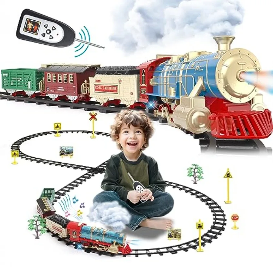 Remote Control Train Set for Ages 3-8: Plastic Electric Toy Train in Red with Steam Effect LED Lights Realistic Sounds 17-Piece
Remote Control Train Set for Ages 3-8: Plastic Electric Toy Train in Red with Steam Effect LED Lights Realistic Sounds 17-Piece