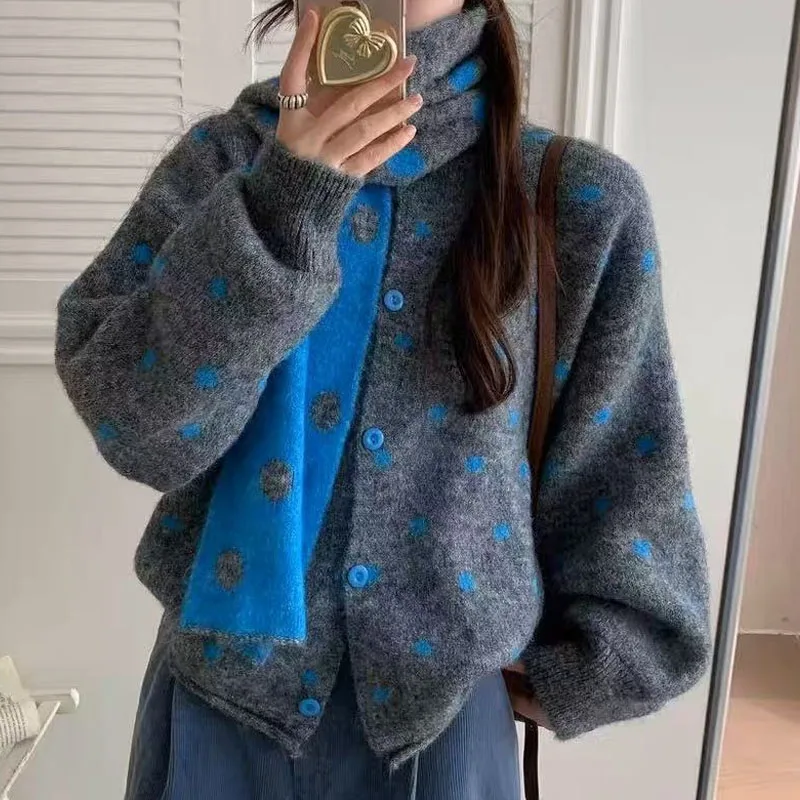 Knitted Sweater Women Cardigans New Long Sleeve O-Neck Dot Scarf Knit Sweater Cardigan Women Tops Knitwears Women Clothing Q1552
Knitted Sweater Women Cardigans New Long Sleeve O-Neck Dot Scarf Knit Sweater Cardigan Women Tops Knitwears Women Clothing Q1552