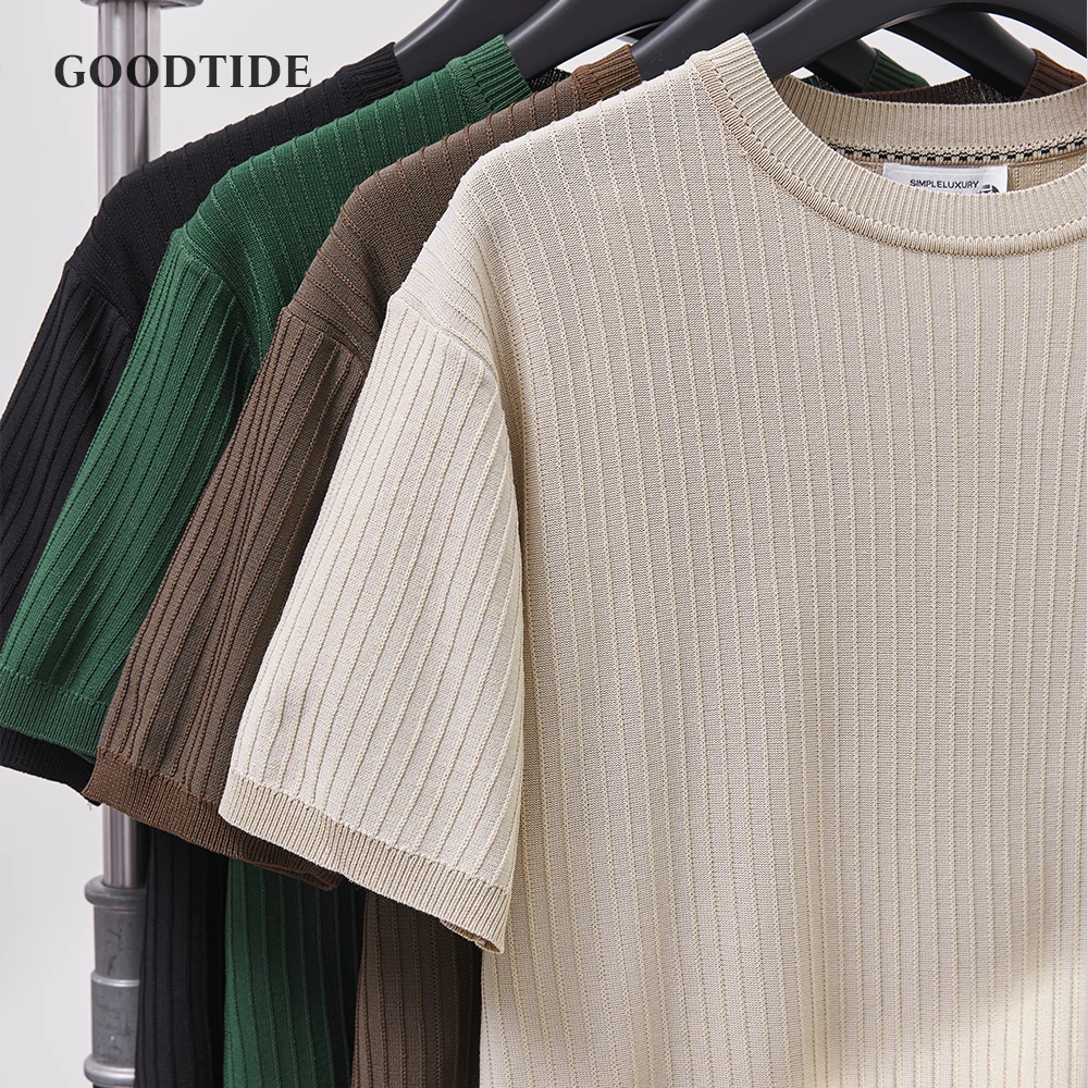 Men's Knit T-shirt Half Sleeve Heavyweight Summer Slim Fit Casual Striped T-shirt Knitwear Sleeve Korean Trend High Elastic
Men's Knit T-shirt Half Sleeve Heavyweight Summer Slim Fit Casual Striped T-shirt Knitwear Sleeve Korean Trend High Elastic
