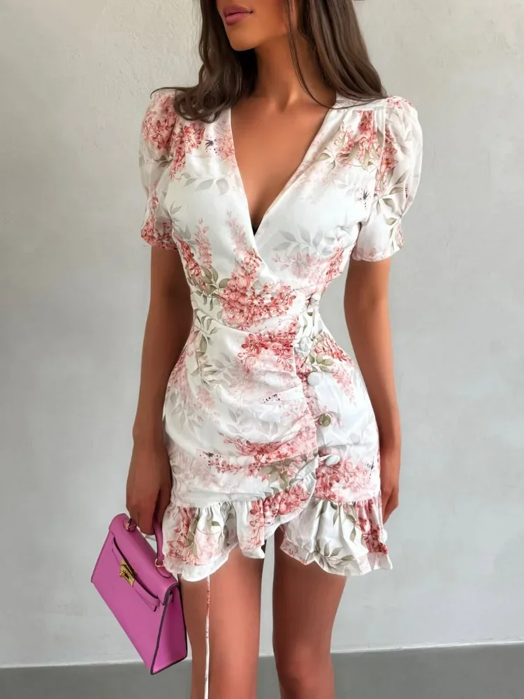 Floral Print Mini Dress V Neck Short Sleeve Waist Cinching Ruffle Hem Elegant Summer Vacation for Women
Floral Print Mini Dress V Neck Short Sleeve Waist Cinching Ruffle Hem Elegant Summer Vacation for Women