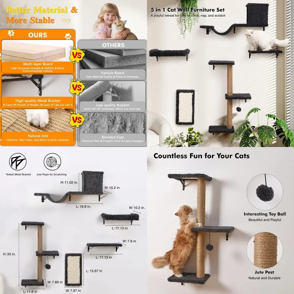 Multi-Level Indoor Cat Wall Shelf, 5-Tiered Climbing and Resting Space, Natural Wood Gray
Multi-Level Indoor Cat Wall Shelf, 5-Tiered Climbing and Resting Space, Natural Wood Gray