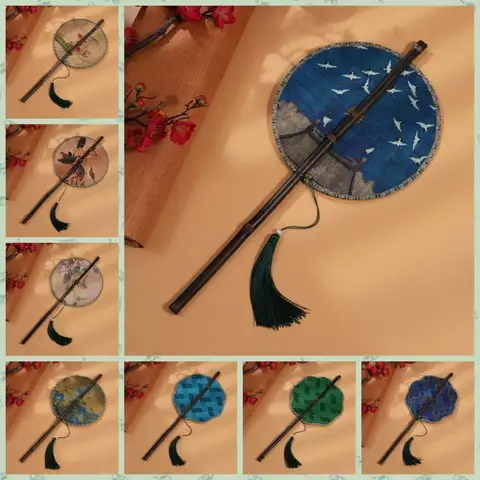 Retro Ancient Style Chinese Bamboo Waist Fan Rollable Foldable Long Handle Fan Decorative with Tassel Group Fan for Summer