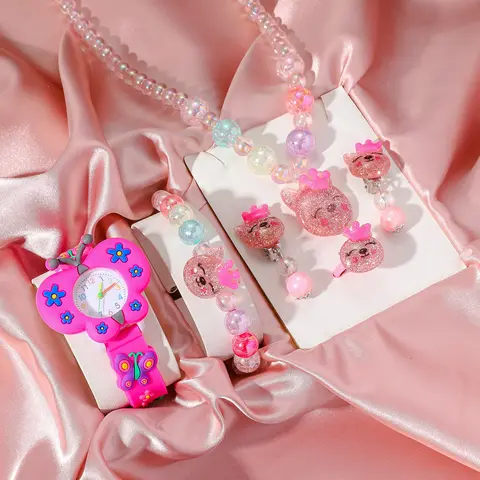 No gift box Hot sale new style watch face cute cartoon girl quartz watch   cartoon bead necklace 5 pieces set
