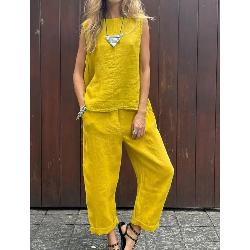 Women's Summer Cotton And Linen Casual Two-piece Set Outfits Female Fashion Solid Color Sleeveless Top Trousers Suit For Women
Women's Summer Cotton And Linen Casual Two-piece Set Outfits Female Fashion Solid Color Sleeveless Top Trousers Suit For Women