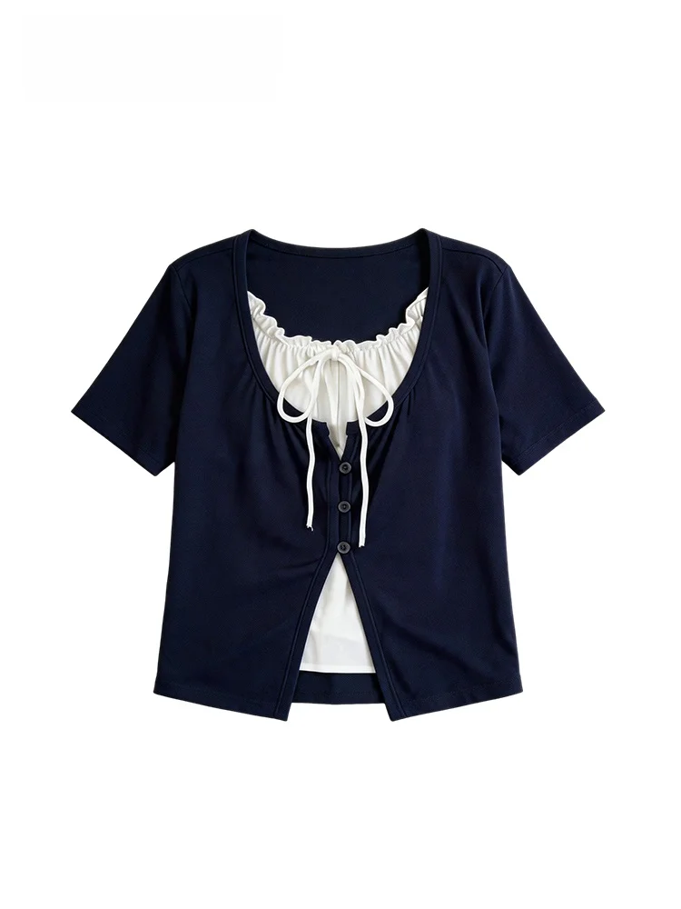 Summer New plus Size Women's T-Shirt Short Sleeve Patchwork Fake Two-Piece Top Shoulder Width Regular Length Knot
Summer New plus Size Women's T-Shirt Short Sleeve Patchwork Fake Two-Piece Top Shoulder Width Regular Length Knot