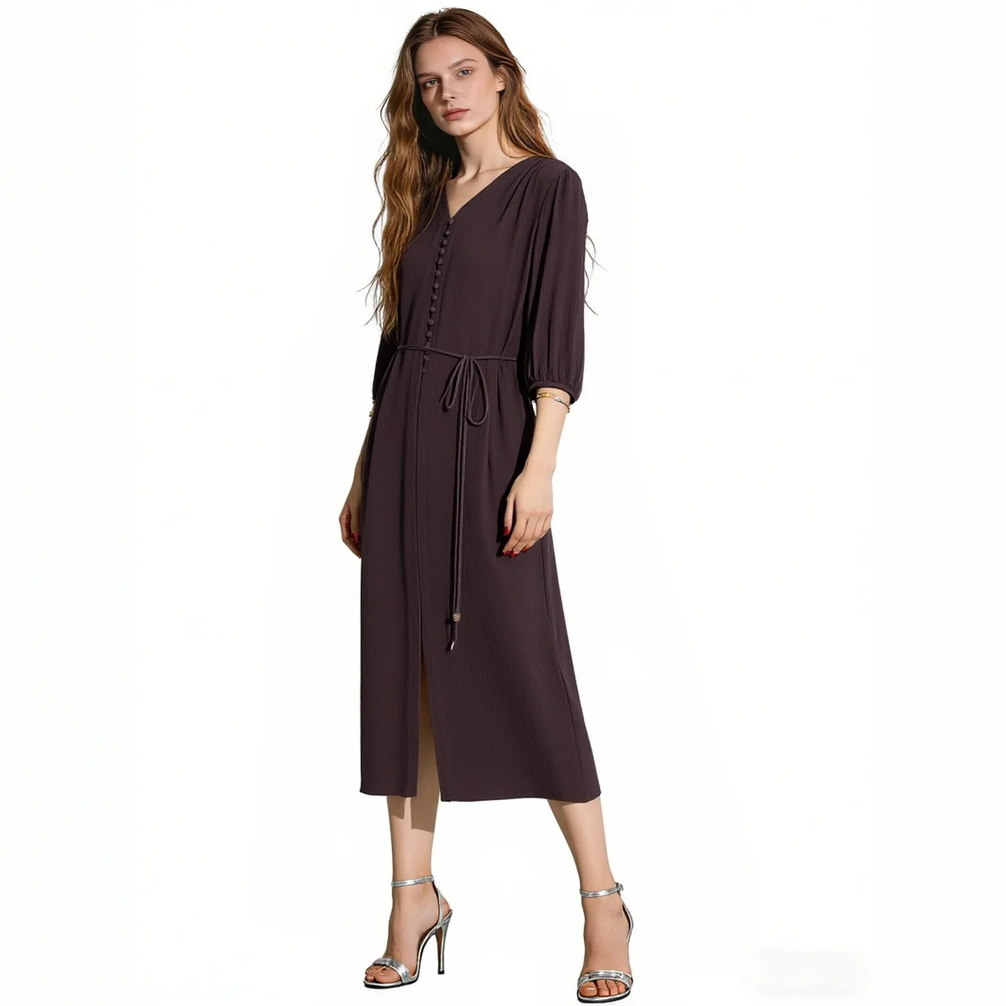 2026 Spring Women Textured Midi Dress V-Neck Puff Sleeve Tie Waist Split Casual Dresses Chocolate Brown
2026 Spring Women Textured Midi Dress V-Neck Puff Sleeve Tie Waist Split Casual Dresses Chocolate Brown