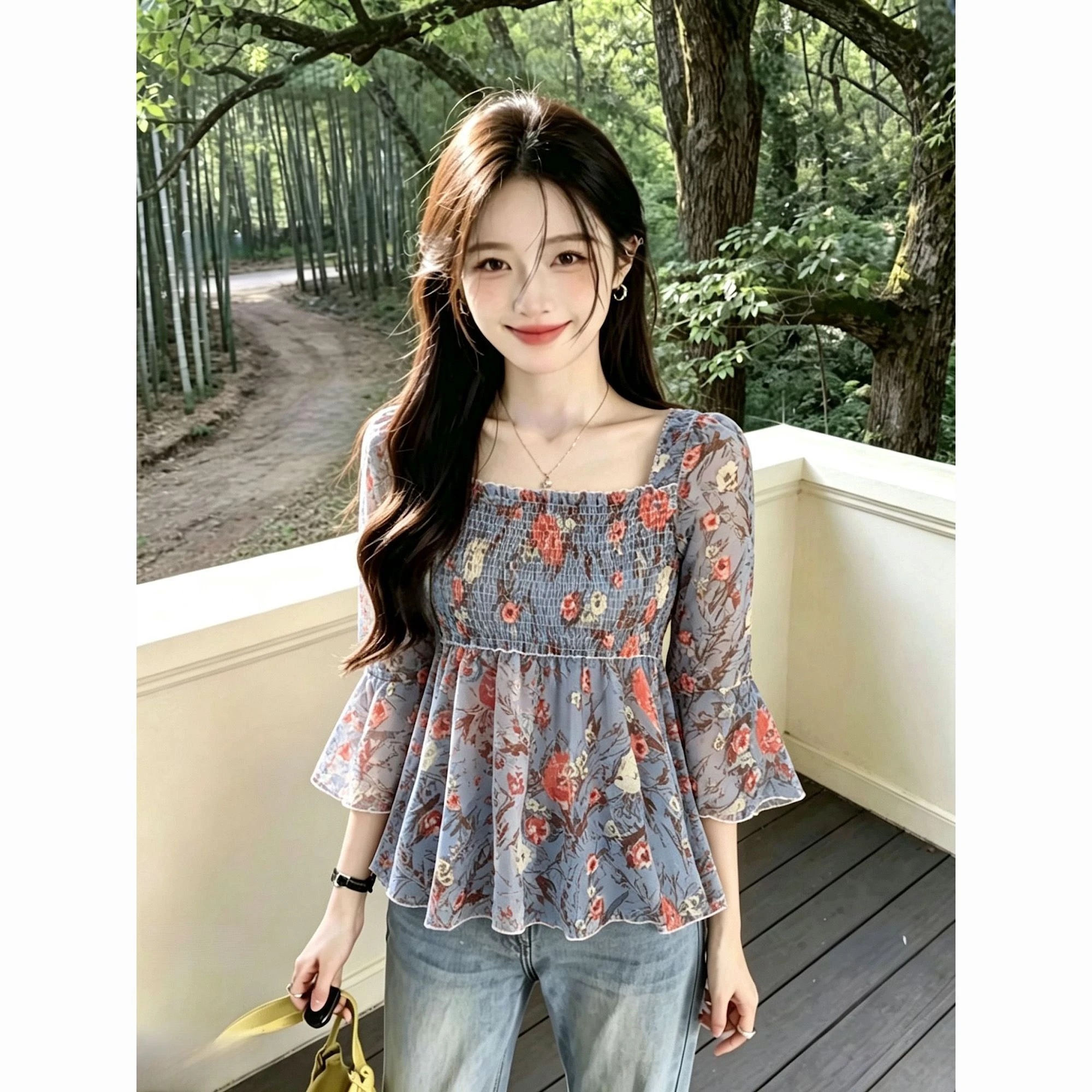 Summer Women's Shirt French Style Loose Fit Floral Print Puff Sleeve Square Collar Waist Cinched Tunic Top Maxi Length Hem
Summer Women's Shirt French Style Loose Fit Floral Print Puff Sleeve Square Collar Waist Cinched Tunic Top Maxi Length Hem