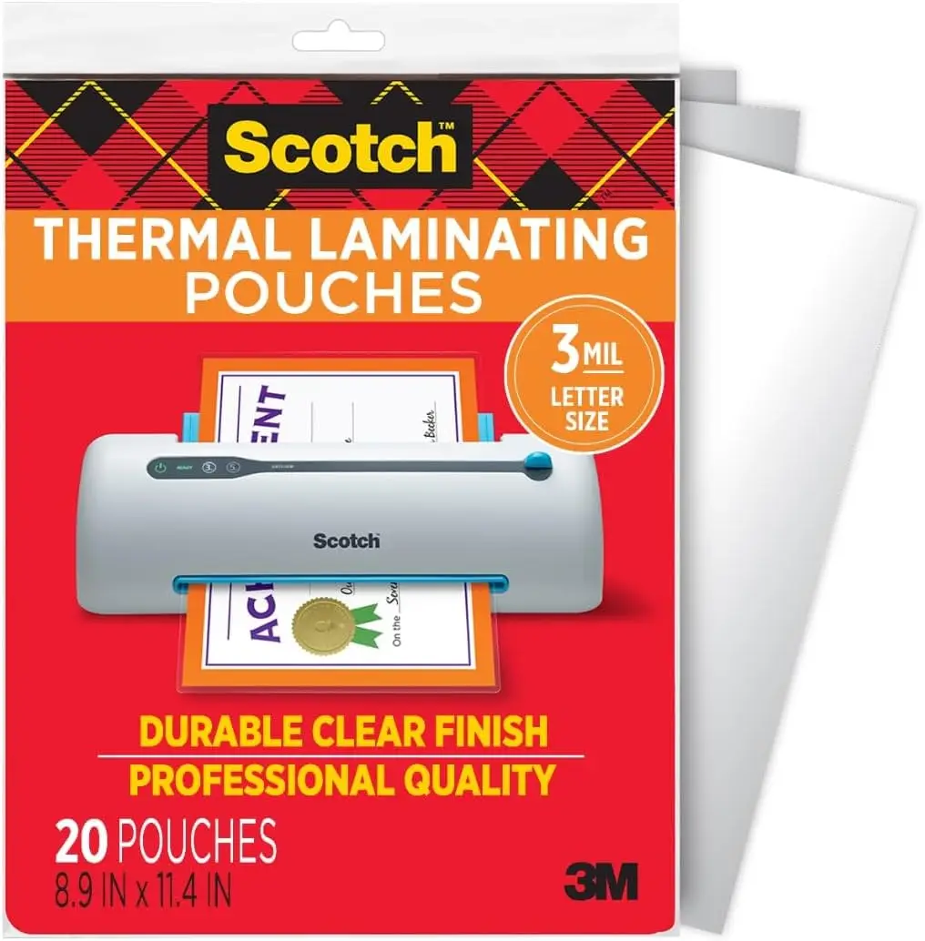 Thermal Laminating Pouches, Letter Size 8.9x11.4 Inches, 3 mil, 20 Pack, Clear Finish
Thermal Laminating Pouches, Letter Size 8.9x11.4 Inches, 3 mil, 20 Pack, Clear Finish