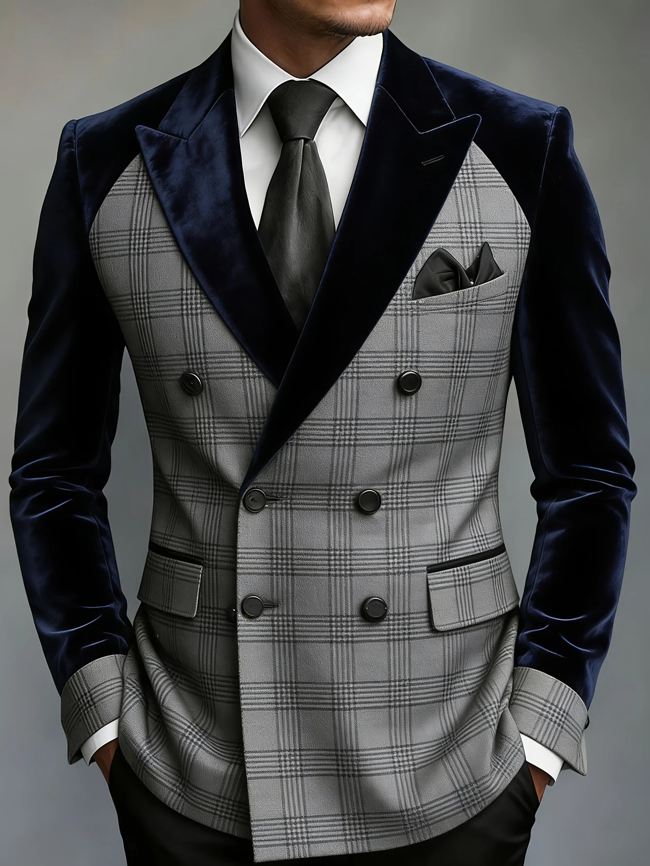 Men Grey Plaid Double Breasted Blazer Navy Blue Velvet Peak Lapel Slim Fit Wedding Groom Formal Party Tuxedo Jacket
Men Grey Plaid Double Breasted Blazer Navy Blue Velvet Peak Lapel Slim Fit Wedding Groom Formal Party Tuxedo Jacket