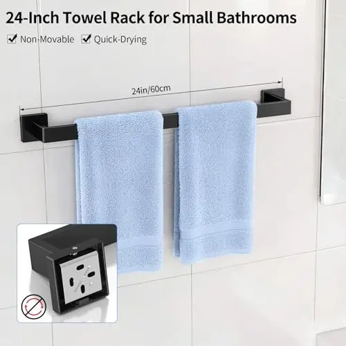 24-Inch Matte Black Stainless Steel Wall-Mounted Towel Rack For Compact Bathrooms – Non-Movable, Quick-Drying Design
24-Inch Matte Black Stainless Steel Wall-Mounted Towel Rack For Compact Bathrooms – Non-Movable, Quick-Drying Design