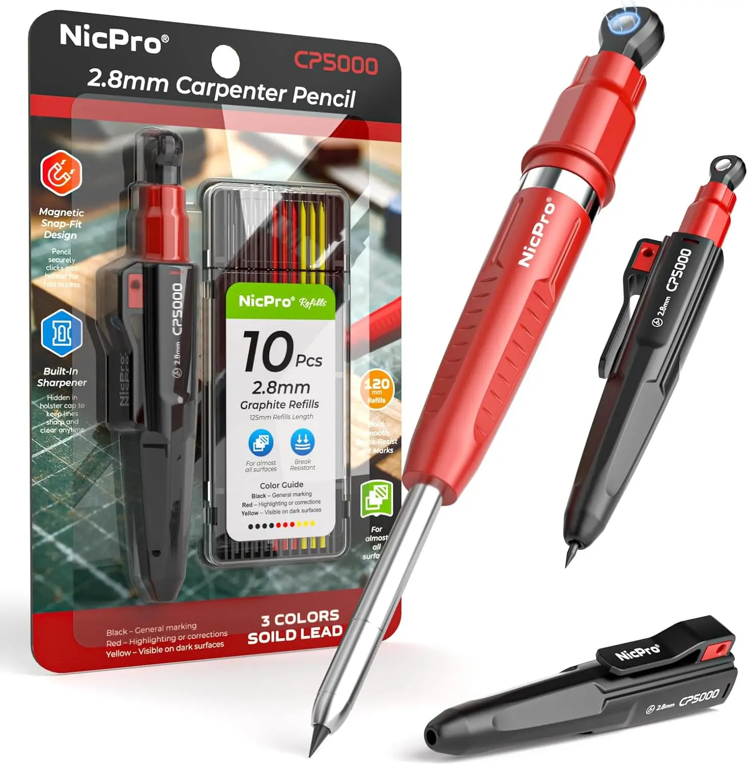 7-in-1 Magnetic Carpenter Pencil with Sharpener, Deep Hole Marker, Ergonomic Grip, 2.8mm Refill Leads for Woodworking
7-in-1 Magnetic Carpenter Pencil with Sharpener, Deep Hole Marker, Ergonomic Grip, 2.8mm Refill Leads for Woodworking