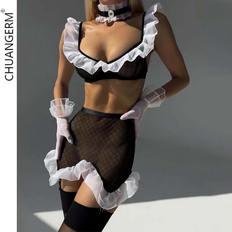 CHUANGERM Maid Outfit Sets Sexy Lace Patchwork Ruffled Erotic Lingerie 5-Pieces Set See-Through Mesh Sheer Seamless Underwear
CHUANGERM Maid Outfit Sets Sexy Lace Patchwork Ruffled Erotic Lingerie 5-Pieces Set See-Through Mesh Sheer Seamless Underwear