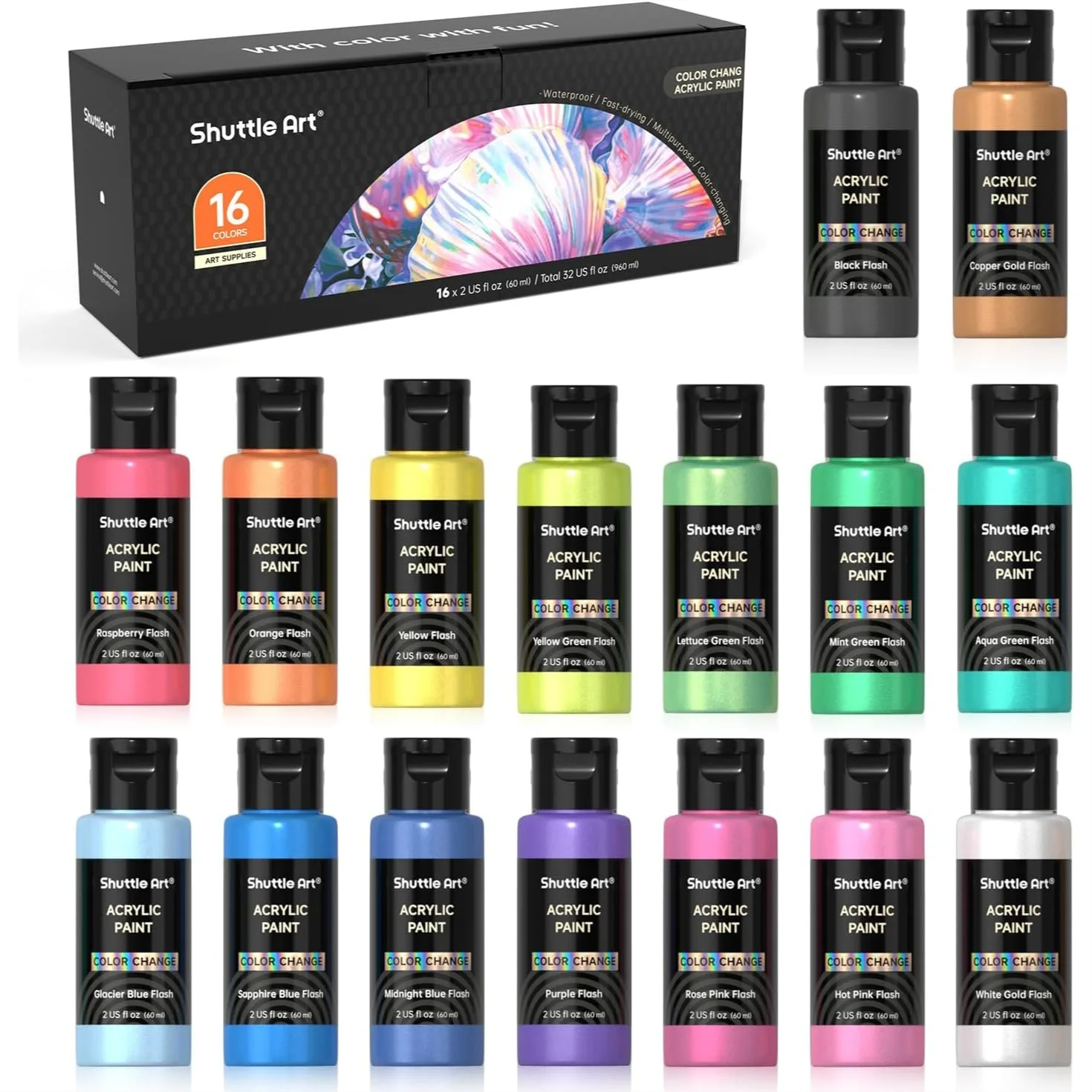 Color Change Acrylic Paint Set 16 Colors Chameleon Paints 60ml Each Iridescent Metallic Finish for Artists Beginners Canvas Rock Painting
Color Change Acrylic Paint Set 16 Colors Chameleon Paints 60ml Each Iridescent Metallic Finish for Artists Beginners Canvas Rock Painting
