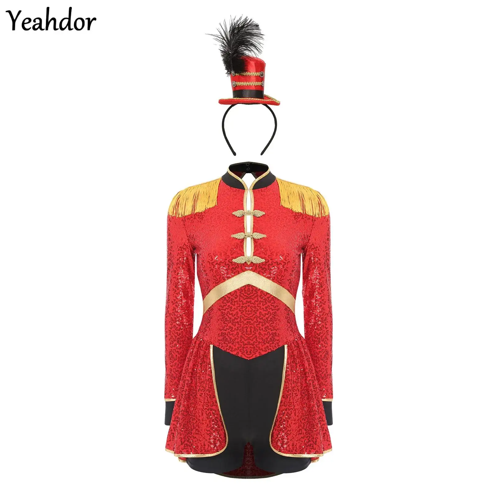 Women Circus Ringmaster Jumpsuit Halloween Magician Cosplay Long Sleeve Fringed Epaulets Sequin Leotard Bodysuit with Mini Hat
Women Circus Ringmaster Jumpsuit Halloween Magician Cosplay Long Sleeve Fringed Epaulets Sequin Leotard Bodysuit with Mini Hat