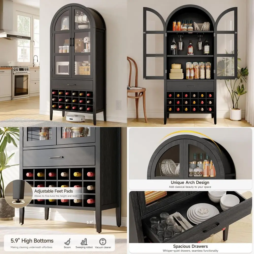 71 High Arched Wine Storage Cabinet with Bar, Doors & Shelves, Ideal for Liquor, Kitchen Pantry, Dining or Living Room (Black)
71 High Arched Wine Storage Cabinet with Bar, Doors & Shelves, Ideal for Liquor, Kitchen Pantry, Dining or Living Room (Black)