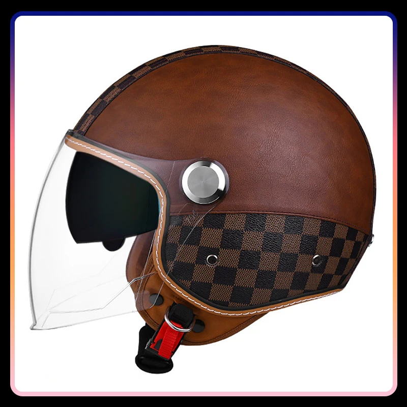 Brown Grid Leather Motorcycle Helmet Halley Vintage Jet Helmet DOT Retro 3/4 Open Half Helmet Pedal Personality Scooter Unisex
Brown Grid Leather Motorcycle Helmet Halley Vintage Jet Helmet DOT Retro 3/4 Open Half Helmet Pedal Personality Scooter Unisex