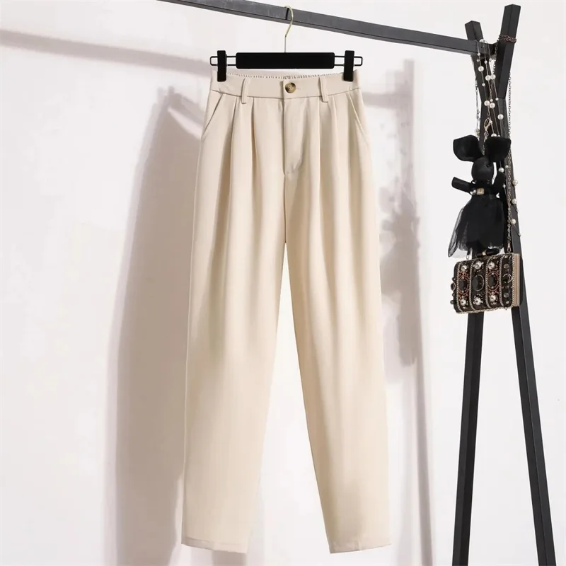Модные эластичные брюки с высокой талией, женские весенние повседневные свободные однотонные прямые брюки, офисные женские рабочие брюки с девятью точками
Модные эластичные брюки с высокой талией, женские весенние повседневные свободные однотонные прямые брюки, офисные женские рабочие брюки с девятью точками