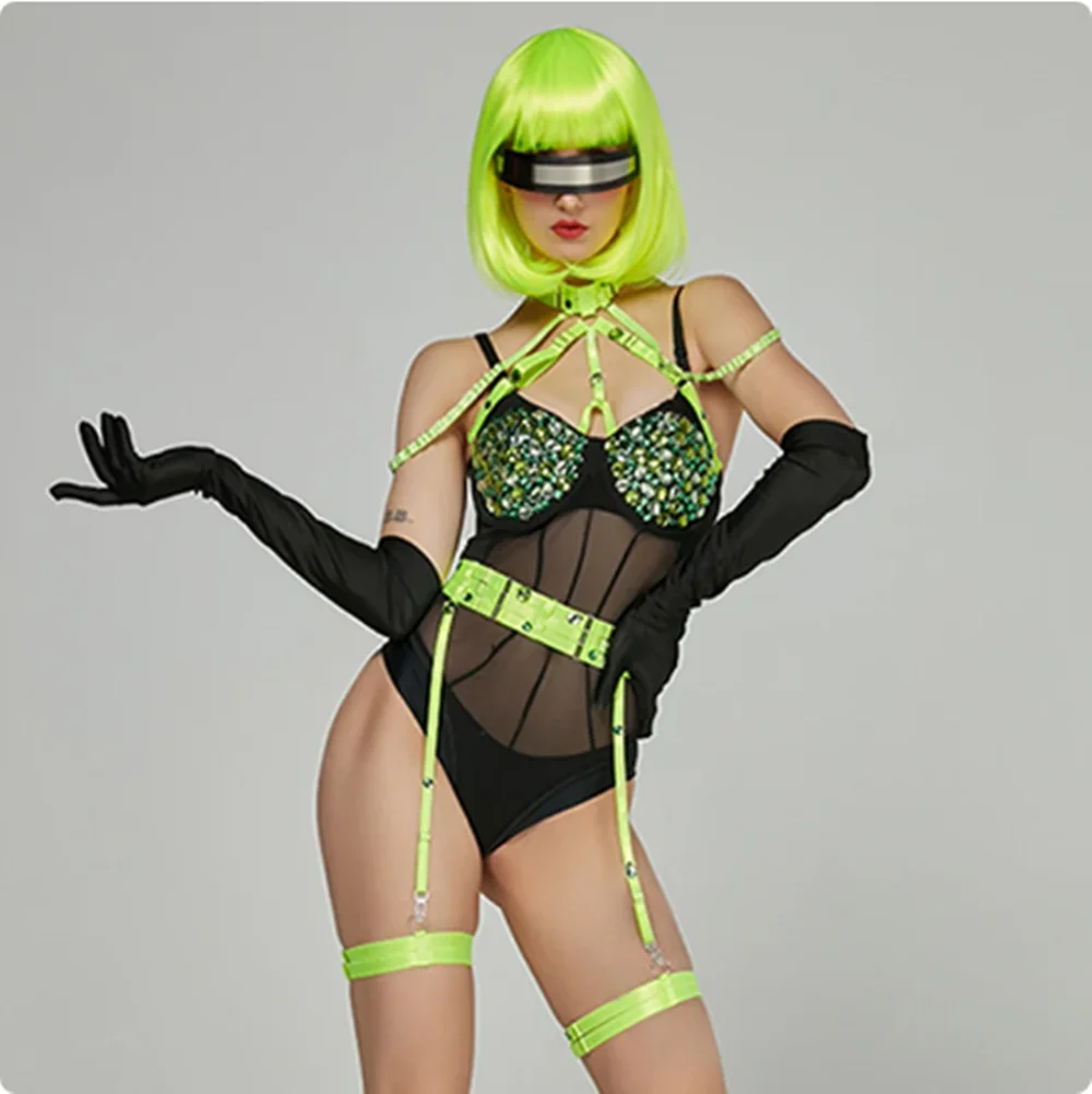 Sexy Rhinestone Bodysuit Pole Dance Costume Fluorescent Green Chest Strap Nightclub Dancer Drag Queen Stage Clothes
Sexy Rhinestone Bodysuit Pole Dance Costume Fluorescent Green Chest Strap Nightclub Dancer Drag Queen Stage Clothes