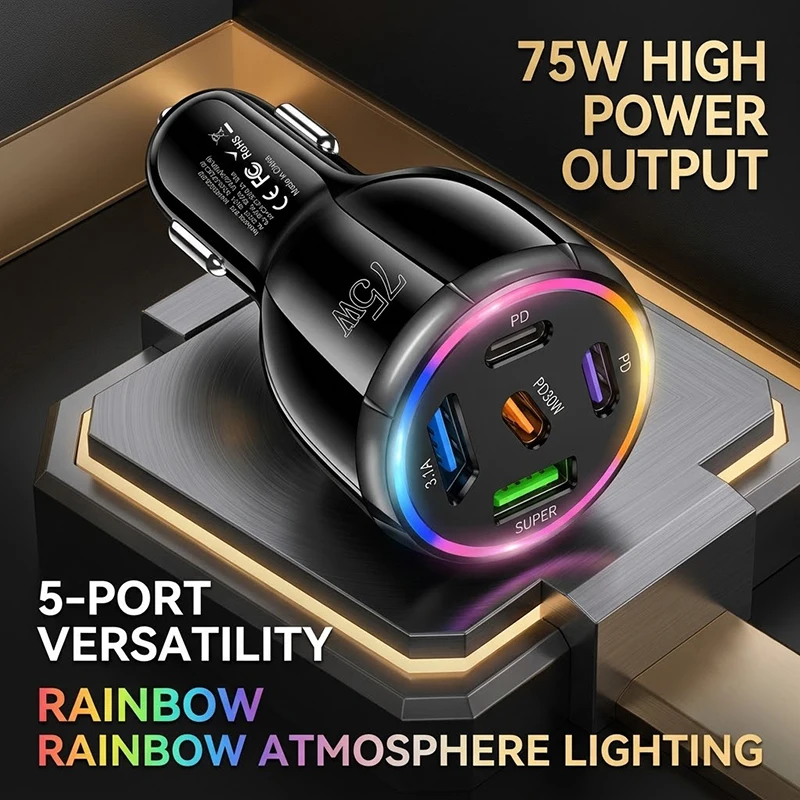 5-Port 75W Auto Charger PD 30W Fast Charge Car Adapter with RGB Light 3 Type C and 2 USB A Ports Safe Power For iPhone 17 16 Pro
5-Port 75W Auto Charger PD 30W Fast Charge Car Adapter with RGB Light 3 Type C and 2 USB A Ports Safe Power For iPhone 17 16 Pro