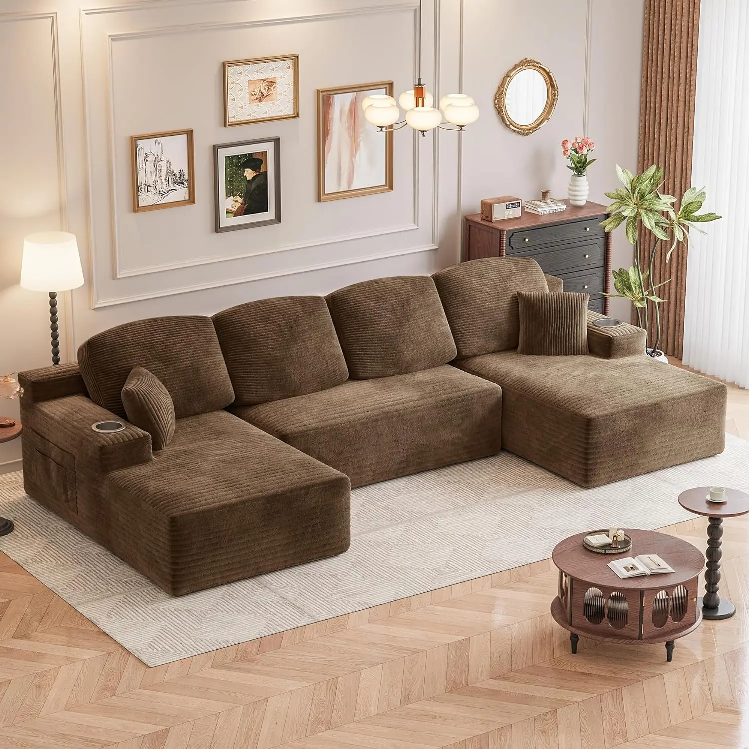 142" Modular Sectional Sofa Memory Foam Corduroy U-Shape Living Room Brown Customized
142" Modular Sectional Sofa Memory Foam Corduroy U-Shape Living Room Brown Customized