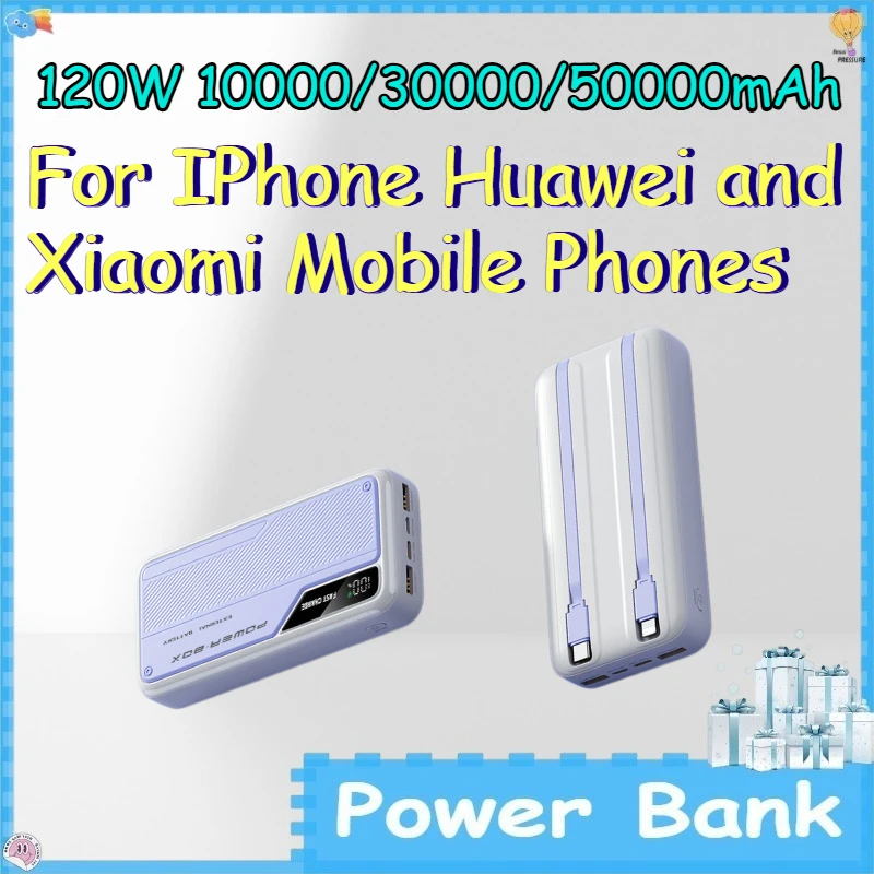 120W 10000/30000/50000mAh Power Bank for IPhone Huawei and Xiaomi Mobile Phones Power Bank with Built-in Dual Cables
120W 10000/30000/50000mAh Power Bank for IPhone Huawei and Xiaomi Mobile Phones Power Bank with Built-in Dual Cables