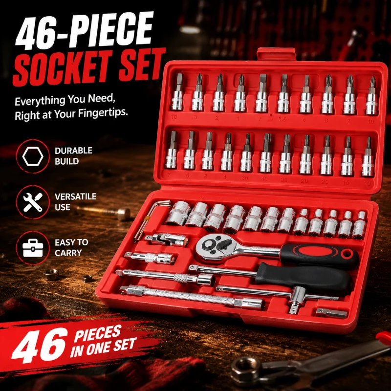Portable 46Pcs Red Ratchet Socket Wrench Kit, Durable Hardware Combo for Car Repair and Household DIY Maintenance Work
Portable 46Pcs Red Ratchet Socket Wrench Kit, Durable Hardware Combo for Car Repair and Household DIY Maintenance Work