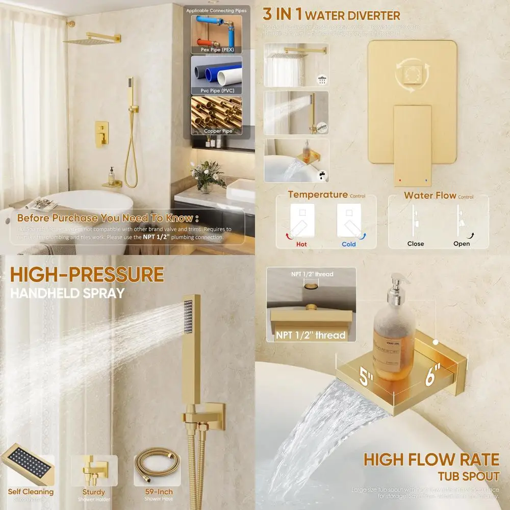 All-Metal 10 Rain Shower Head & Handheld Combo with Wall-Mounted Tub Faucet Set in Brushed Gold
All-Metal 10 Rain Shower Head & Handheld Combo with Wall-Mounted Tub Faucet Set in Brushed Gold