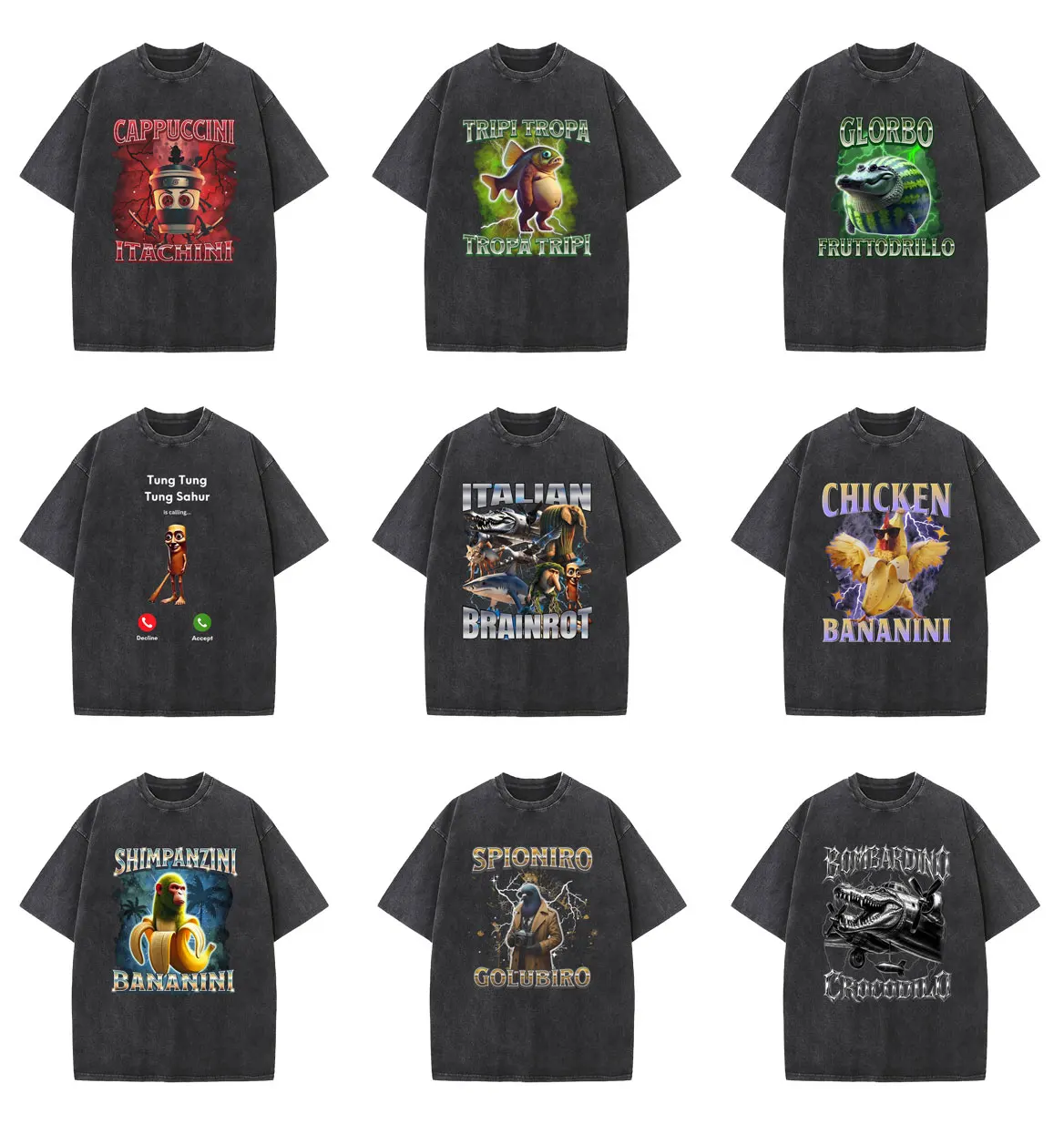 Vintage Washed Italian Brainrot Funny Bombardiro Crocodilo Tralalero Tralala Tung Tung Tung Sahur Chimpanzini Bananini T-shirts
Vintage Washed Italian Brainrot Funny Bombardiro Crocodilo Tralalero Tralala Tung Tung Tung Sahur Chimpanzini Bananini T-shirts