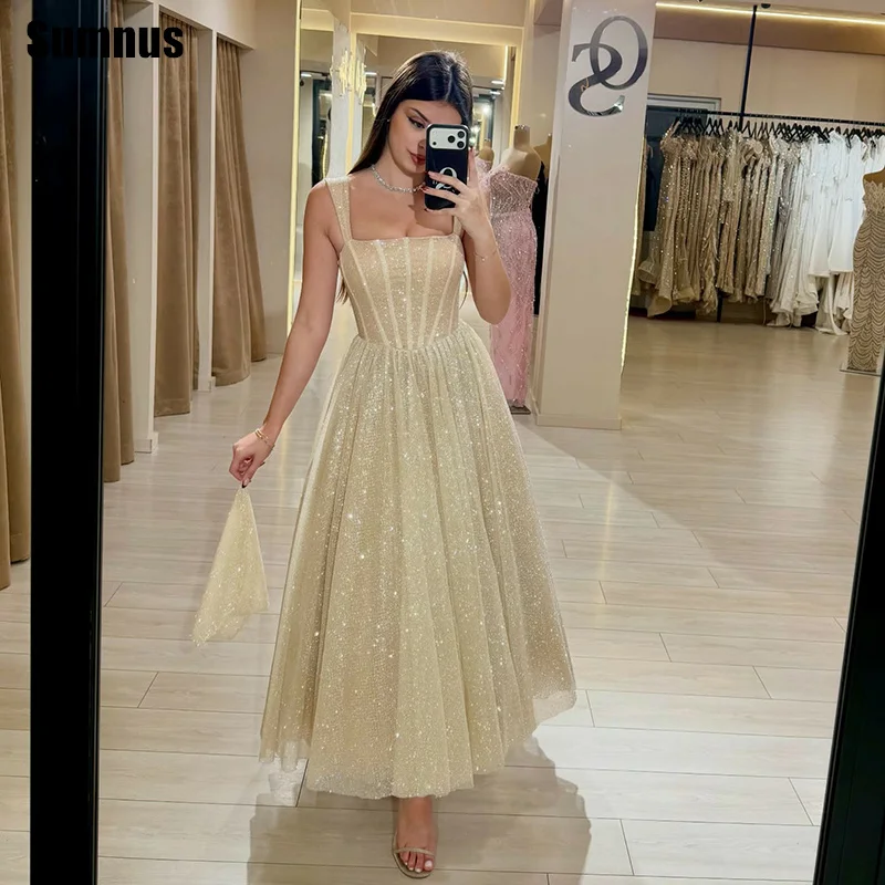 Sumnus Sparkly A-Line Prom Dresses Champagne Square Collar Sleeveless Tea Length Draped Party Dresses vestidos Customized
Sumnus Sparkly A-Line Prom Dresses Champagne Square Collar Sleeveless Tea Length Draped Party Dresses vestidos Customized