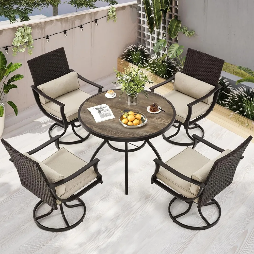 Обеденный набор на открытом воздухе на 4 человека, 4 вращающихся плетеных стула с толстыми подушками и круглым обеденным столом с отверстием для зонта, мебель для патио из 5 предметов 
Обеденный набор на открытом воздухе на 4 человека, 4 вращающихся плетеных стула с толстыми подушками и круглым обеденным столом с отверстием для зонта, мебель для патио из 5 предметов