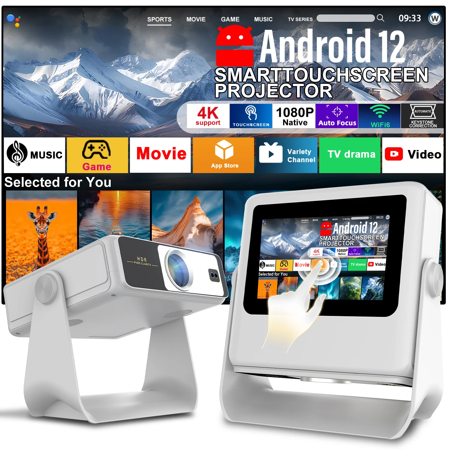 3-in-1 Android 12 Projector 7" 1080P 4K Auto Keystone 180° Rotate WiFi BT HDMI USB Tablet Speaker Home Theater
3-in-1 Android 12 Projector 7" 1080P 4K Auto Keystone 180° Rotate WiFi BT HDMI USB Tablet Speaker Home Theater