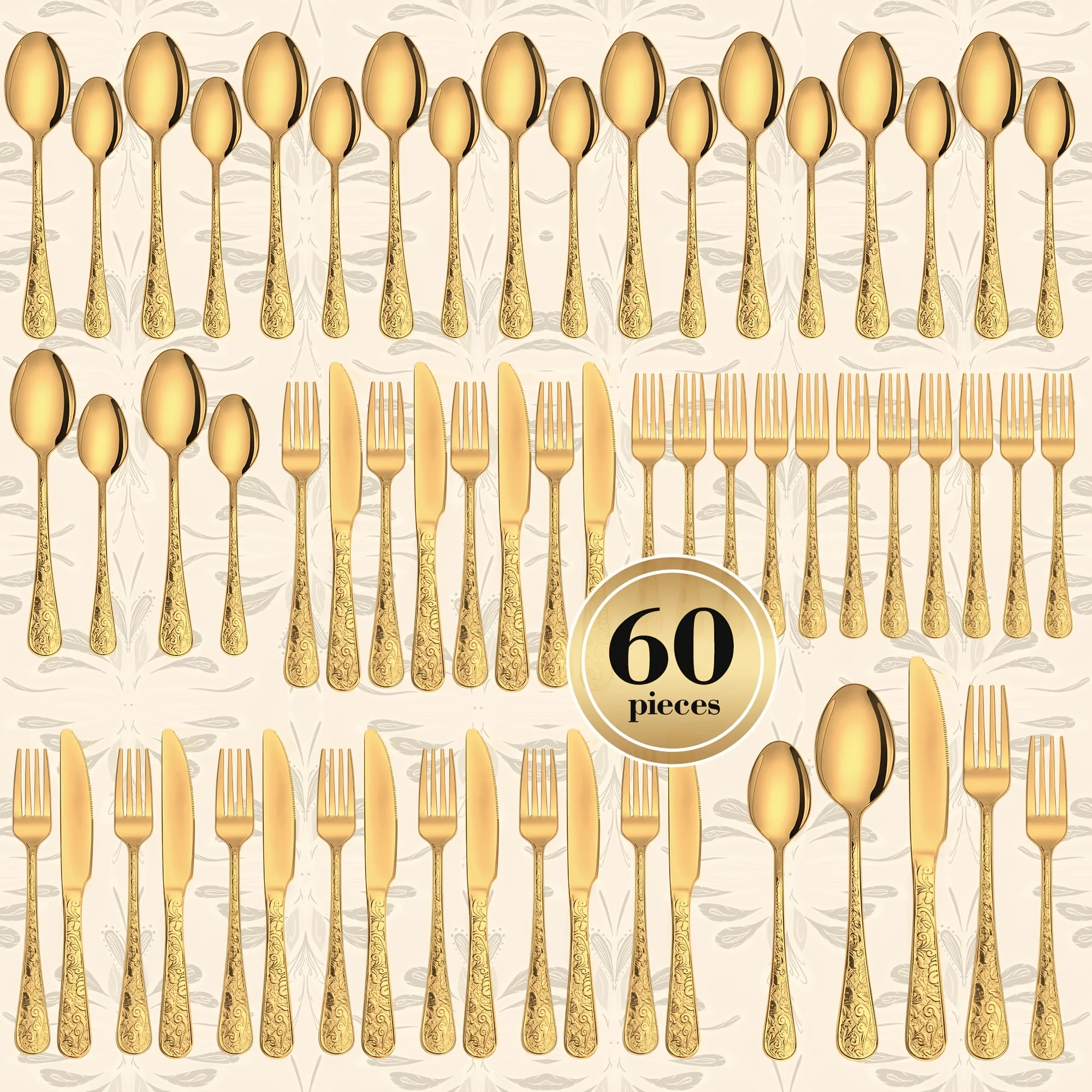 60/100/120pcs Golden Silverware Set, with Exquisite Engravings, Comfortable Grip, Fully Meeting Needs of Wedding Romance, Family
60/100/120pcs Golden Silverware Set, with Exquisite Engravings, Comfortable Grip, Fully Meeting Needs of Wedding Romance, Family